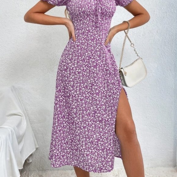Shein Dress 6 Medium Lilac Purple Pink Floral Long Midi Puffy Short Sleeve Slit - Picture 5 of 5